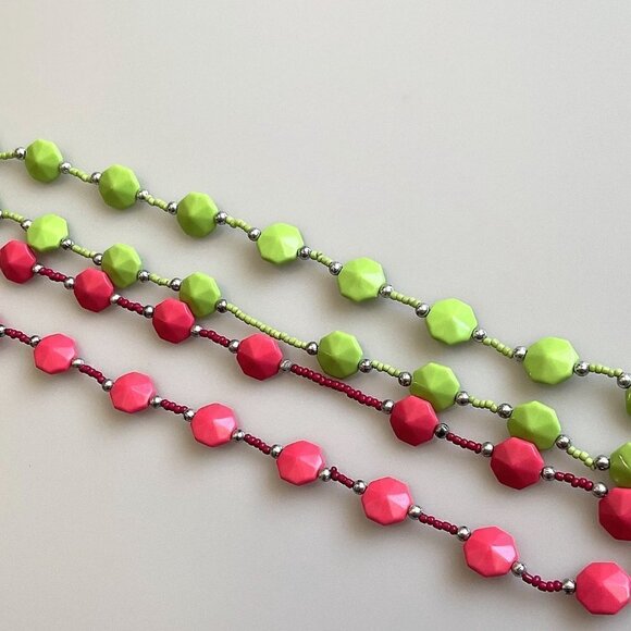 PINK GREEN HEXAGON SHAPE BEADED NECKLACES SET 2 - Picture 5 of 7